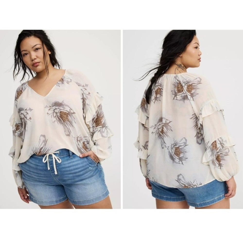Torrid Shirt Top 1X Floral Ruffle Balloon Sleeve Sheer Whimsigoth Boho Romantic